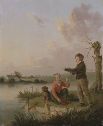 Młodzi wędkarze (olej na panelu) autorstwa Edmund Bristow