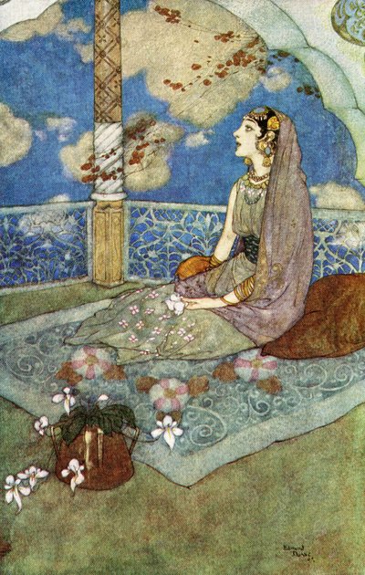 I zawsze ze łzami spływającymi z oczu wzdychała i śpiewała, ilustracja z "Opowieści o magicznym koniu autorstwa Edmund Dulac