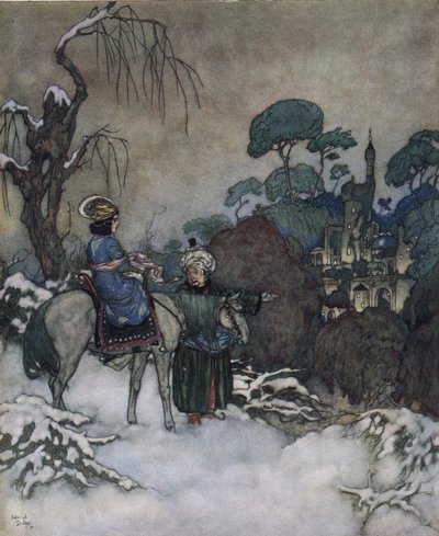 Piękna i bestia: Belle, która zgodziła się zająć miejsce swojego ojca uwięzionego w Bete, aby go uwolnić, zmierza w kierunku zamku, ok. 1910 r. (litografia) autorstwa Edmund Dulac