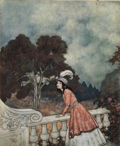 Niebieska broda: Młoda żona Błękitnobrodego, Fatima, pyta swoją siostrę Anne, czy widzi swoich braci z wieży, ok. 1910 r. (litografia) autorstwa Edmund Dulac