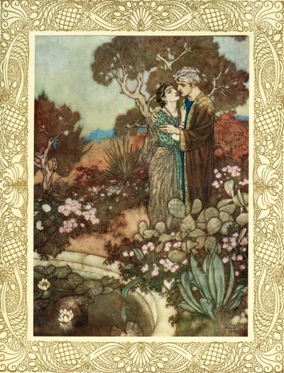 Czy w swojej małej godzinie łaski, Falujący cyprys w twoich ramionach, Zanim Matka z powrotem w swoje ramiona Złoży cię i rozpuści w ostatnim uścisku, ilustracja z "The Rubaiyat of Omar Khayyam", opublikowana w 1909 r. (kolorowa litografia). autorstwa Edmund Dulac
