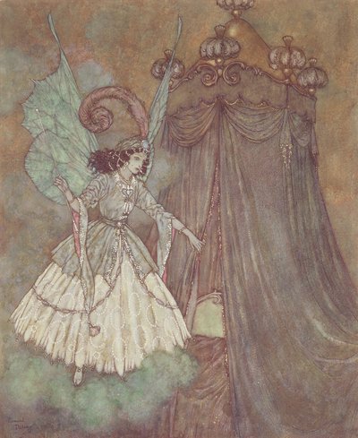 "Znalazła się twarzą w twarz z dostojną i piękną damą", ilustracja z "Pięknej i Bestii". autorstwa Edmund Dulac