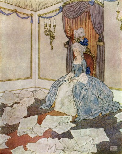 Przeczytała wszystkie gazety na świecie i znowu o nich zapomniała, taka jest mądra, frontispis z "Królowej Śniegu autorstwa Edmund Dulac