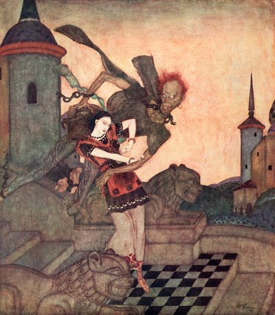 "Książę, wyglądając na zewnątrz, zobaczył, jak porywa księżniczkę i szybko odlatuje", ilustracja z serbskiej baśni Opowieść o Baszteliku, z książki Edmunda Dulaca Fairy-Book: Fairy Tales of the Allied Nations, wyd. 1916 r. autorstwa Edmund Dulac