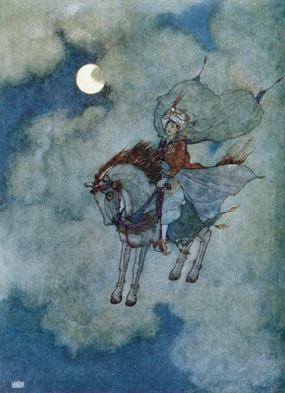 Latający koń", ilustracja do opowieści o zaczarowanym koniu z "Baśni z 1001 nocy", opublikowanej w Poczdamie w 1920 r. (kolorowa litografia). autorstwa Edmund Dulac