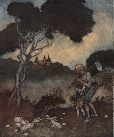 Śpiąca królewna: wieże zamku księżniczki pojawiają się ponad drzewami. autorstwa Edmund Dulac