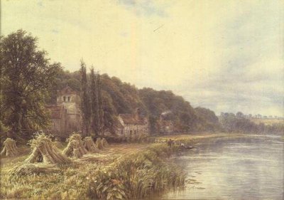 Riverside Village z figurami łowiącymi ryby autorstwa Edmund George Warren