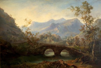 Górski krajobraz z rzeką, mostem i chatami, XIX w. autorstwa Edmund John Niemann