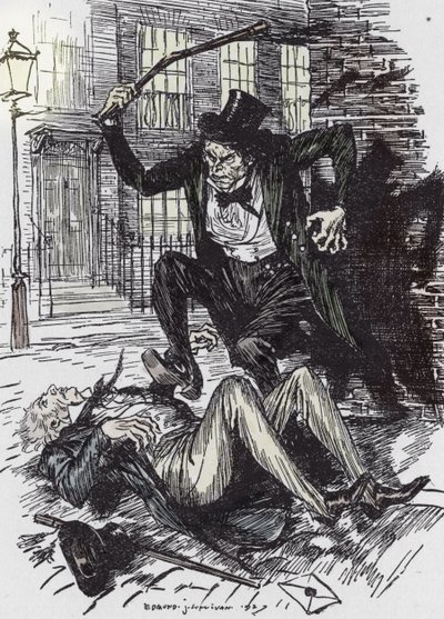 Mr Hyde zabójca Sir Danvers Carew, ilustracja Edmunda Josepha Sullivana (1869-1933) do powieści L