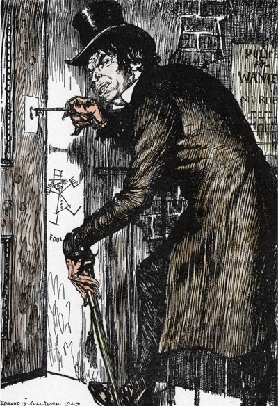 Pan Hyde wraca do domu po nocy pełnej przygód, aby zażyć antidotum i powrócić do postaci doktora Jekylla, ilustracja autorstwa Edmunda Josepha Sullivana (1869-1933) do powieści L