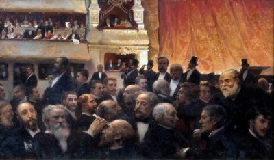Przerwa, premiera we francuskiej Komedii Wśród widzów: w wannie Henri Rochefort i Leon Gambetta, w awangardowej garderobie na górze Jules Ferry, d