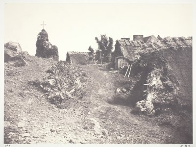 Kryte strzechą chaty w Owernii, z Kalwarią, 1852, druk 1978. autorstwa Édouard Baldus