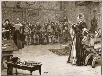 Proces Marii Królowej Szkotów w zamku Fotheringhay, ilustracja z „Ilustrowanej historii Anglii Cassella” (zdjęcie w sepii) autorstwa Edouard Berveiller