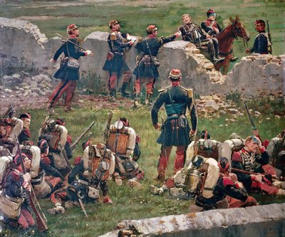 Wieczór bitwy pod Rezonville Gravelotte. Grenadierzy Gwardii Cesarskiej w spoczynku, 16 sierpnia autorstwa Jean-Baptiste Edouard Detaille