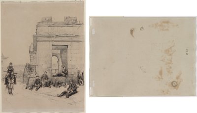 Żołnierze odpoczywający (recto) Szkic mężczyzny z podniesioną ręką i szkic hełmu (verso) autorstwa Edouard Detaille
