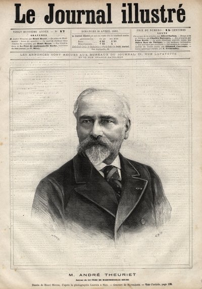 Portret Andre Theurieta (1833-1907), francuskiego powieściopisarza, poety i naukowca - Grawerowanie autorstwa Navelliera w „Le journal illustrious” z 1891 r. autorstwa Edouard Felicien Eugene Navellier