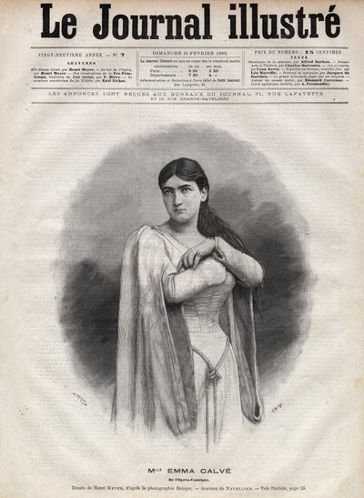 Portret Emmy Calve (Rosa Noemie Emma Calvet de Roquet, dit) (1858-1942), francuski sopran - Grawerowanie autorstwa Navelliera w „The Illustrous Journal” z 1892 roku autorstwa Edouard Felicien Eugene Navellier
