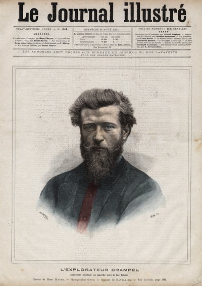 Portret Paula Crampela (1864-1891), francuskiego badacza Afryki Środkowej - Grawerowanie autorstwa Navelliera w „The Illustrous Diary” z 1891 roku autorstwa Edouard Felicien Eugene Navellier