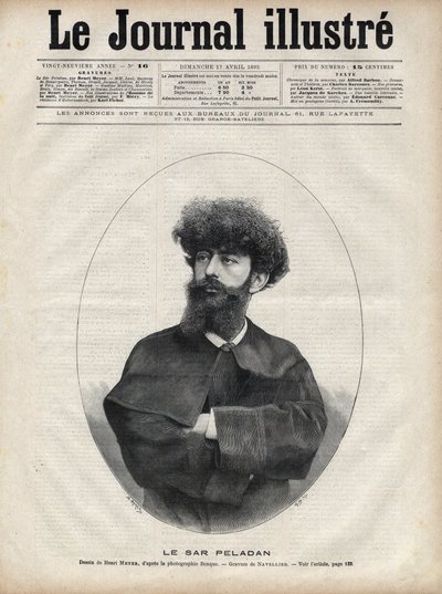 Sar Merodack Josephin Peladan, pseudonim Josephin Peladan (1858-1918) francuski pisarz i okultysta - Grawerowanie autorstwa Navelliera w „The Illustrous Journal” z 1892 roku autorstwa Edouard Felicien Eugene Navellier
