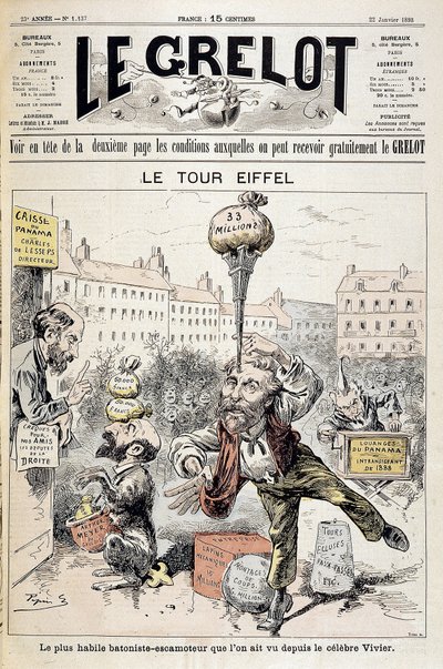 Komiks o aferach finansowych „Wieża Eiffla: najzdolniejszy batonista – zwijacz widziany od czasów słynnego Viviera”. Okładka „Le Grelot” z 22 stycznia autorstwa Edouard Guillaumin Pepin