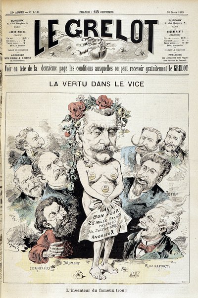 Karykatura o skandalu panamskim: „Cnota w występku: wynalazca słynnej dziury!” - Kuw. „Le Grelot” z 26 marca autorstwa Edouard Guillaumin Pepin
