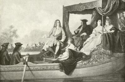 Koncert na rzece Haendla dla Jerzego I (rycina) autorstwa Edouard Jean Conrad Hamman