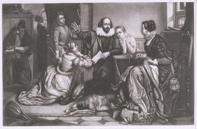 Szekspir z rodziną, w Stratford, Reciting the Tragedy Hamlet (Grawerowanie i akwaforta kropkowana) autorstwa Edouard Jean Conrad Hamman
