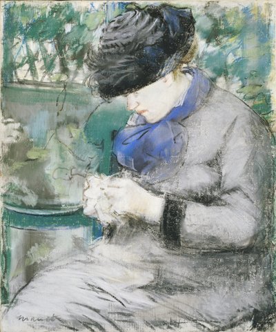 Dziewczyna siedząca w ogrodzie lub robiąca na drutach, 1879 autorstwa Édouard Manet