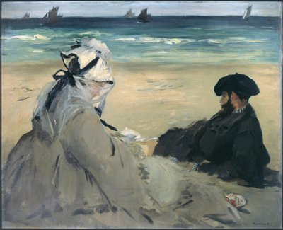 Na plaży. Portret Madame Edouard Manet (1830-1906) i Eugene Maneta (1833-1892), żony i brata artystów w Berck-sur-Mer (Berck sur mer). Obraz Edouarda Maneta (1832-1883), 1873. Olej autorstwa Édouard Manet