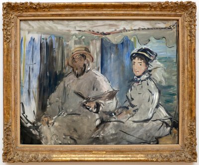 Malarz Claude Monet (1840-1926) w swojej pracowni. (U jego boku żona Camille, w jego warsztacie). Obraz Edouarda Maneta (1832-1883), olej na płótnie autorstwa Édouard Manet