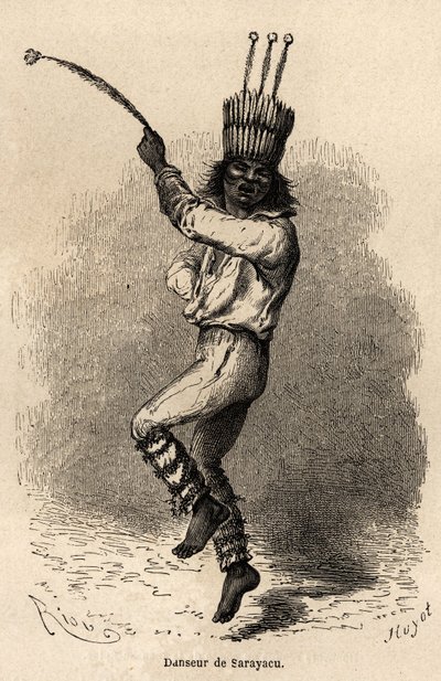 Tancerka w Sarayacu (Peru), rysunek autorstwa Riou, ilustrujący podróż Paula Marcoya z Oceanu Spokojnego do Oceanu Atlantyckiego w latach 1848-1860. Grawer w „”Le tour du monde””, pod redakcją Edouarda Chartona autorstwa Edouard Riou
