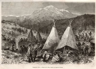 Obóz indiański na terytorium stanu Utah, nad brzegiem Riviere Verte. Grawerowanie według rysunku E.Riou, aby zilustrować historię La conquete blanche, autorstwa Williama Hepwortha Dixona, w 1875 r., opublikowane w „” Le tour du monde””” 1876, pod redakcją  autorstwa Edouard Riou