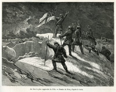 Kapitan George Strong Nares (1831-1915) umieścił brytyjską flagę w miejscu najbliżej bieguna, narysowany przez Riou, aby zilustrować historię wyprawy kapitana G.S.Naresa na morze polarne w latach 1875-1876. Grawerowanie w Le tour du monde autorstwa Edouard Riou