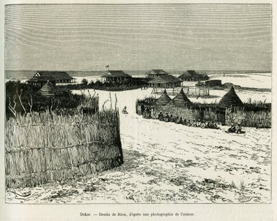 Dakar. Grawerowanie wykonane przez Riou dla zilustrowania opowieści Emile Blairaux, Voyage a la Plata, trzy miesiące wakacji w 1886, w tour du monde 1887, pod kierownictwem Edouarda Chartona (1807-1890), Hachette, Paryż. autorstwa Edouard Riou