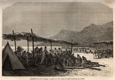 Dystrybucja żywności w Keauhou, po trzęsieniu ziemi i erupcji wulkanu w 1868 roku, dla ofiar katastrofy, rycina wg rysunku E.Riou, ilustrująca podróż na Wyspy Sandwich, w latach 1855-1869, autorstwa C. de Varigny, opublikowane w „” Le autorstwa Edouard Riou