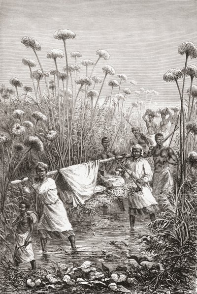Dr David Livingstone niesiony ostatnie kilka mil do wioski Tchitammbo w Afryce, na krótko przed śmiercią, ilustracja z „Świata w rękach”, grawerowana przez Henri Theophile Hildibranda autorstwa Edouard Riou