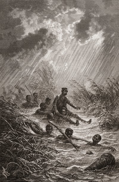 Dr David Livingstone przenoszony przez bagno przez tragarzy podczas wyprawy do Afryki w 1872 r., ilustracja z „Świata w rękach”, grawerowana przez Charlesa Laplante autorstwa Edouard Riou