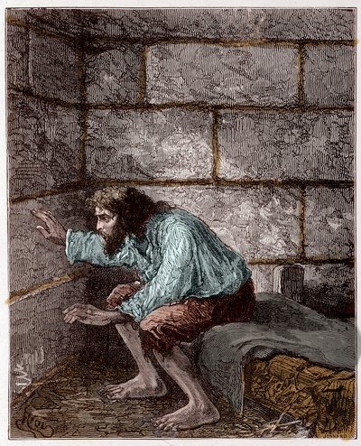 Edmond Dantes, aka Hrabia Monte Christo (Monte Cristo) w swoim więzieniu - Grawerowanie przez Riou, w „Hrabia Monte-Cristo” Aleksandra Dumasa autorstwa Edouard Riou