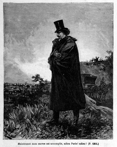 Edmond Dantes, hrabia Monte-Cristo opuszcza Paryż - Grawerowanie przez Riou, w „La Comte de Monte-Cristo” Alexandre Dumas, Rouff & Cie autorstwa Edouard Riou