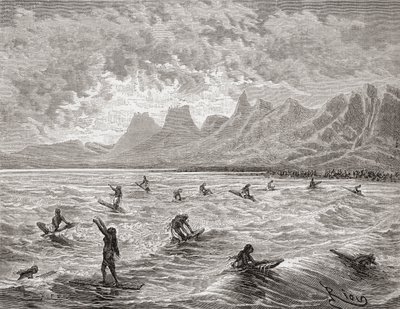 Hawajczycy surfujący, ilustracja z „Świata w rękach”, ryt. Charles Barbant (zm.1922), opublikowana w 1878 r. (rycina) autorstwa Edouard Riou