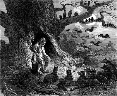 Ilustracja do powieści Aleksandra Dumasa „Le leader de loups”: Thibault wydawał się być centrum piekielnego kręgu, XIX wiek autorstwa Edouard Riou