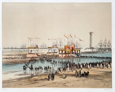Inauguracja Kanału Sueskiego w Port-Said (Port powiedział) - w „Przez Przesmyk Sueski” Riou, Marius Fontaine autorstwa Edouard Riou