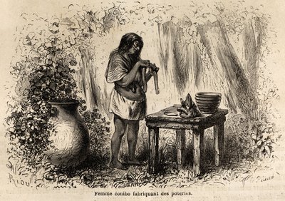 Wytwarzanie ceramiki przez Indianina Conibo z Peru, narysowane przez Riou, aby zilustrować podróż P. Marcoya w latach 1848-1860 z Oceanu Spokojnego do Oceanu Atlantyckiego. Grawerowanie w „”Le tour du monde””, pod redakcją Edouarda Chartona autorstwa Edouard Riou