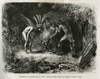 Fumigacja medyczna papierosami u Indian Roucouyan. Grawerowanie autorstwa Riou, aby zilustrować historię Cayenne aux Andes, autorstwa Julesa Crevaux, lekarza marynarki francuskiej, w latach 1878-1879, opublikowanej w Tour du monde, pod kierunkiem Edouarda  autorstwa Edouard Riou
