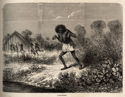 Panika wśród Indian Conibos, którzy uciekli po przybyciu ekspedycji Paula Marcoya pod Tumbaya (Peru), który sam padł ofiarą złego zaklęcia starego Indianina, narysowanego przez Riou, aby zilustrować podróż P. , Marcoy, od autorstwa Edouard Riou