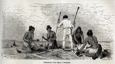 Paul Marcoy nauczył się robić dywan z wdowami z Sarayacu (Peru), rysunek autorstwa Riou, aby zilustrować podróż Paula Marcoya z Oceanu Spokojnego do Oceanu Atlantyckiego w latach 1848-1860. Grawerowanie w „” Le tour du monde””, pod redakcją przez Edouarda  autorstwa Edouard Riou