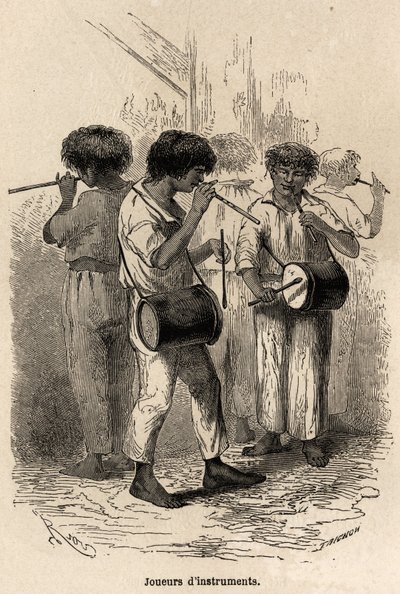 Grający na instrumentach muzycznych w Sarayacu (Peru), rysunek Riou, ilustrujący podróż Paula Marcoya z Oceanu Spokojnego do Oceanu Atlantyckiego w latach 1848-1860. Grawer w „”Le tour du monde””, pod redakcją Edouarda Chartona autorstwa Edouard Riou