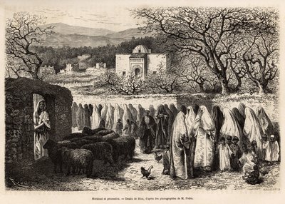 Procesja do Marabout de Tlemcen (grobowiec z kopułą mężczyzny w stylu islamu), wygrawerowany według rysunku E.Riou, ilustrującego podróż do Tlemcen (Algieria), autorstwa E. de Lorral, w 1875 r., opublikowany w „” Le tour du monde””” 1875, pod redakcją Edou autorstwa Edouard Riou