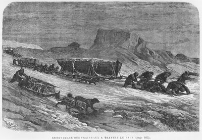 Przeciąganie sań przez lód, ilustracja z „Expedition du Tegetthoff” Juliusa Prayera (1841-1915) rytowana przez Henri Theophile Hildibrand (1824-97) autorstwa Edouard Riou