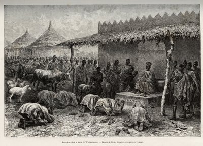Przyjęcie w Naba Sanem, z królestwa Mossi (lub Mosse) Waghadougou (Ouagadougou, Burkina Faso). Grawerowanie autorstwa Riou, ilustrujące historię „Od Nigru do Zatoki Gwinejskiej” autorstwa kapitana Louisa Gustave